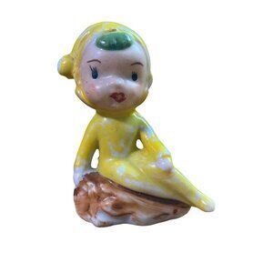 Vintage Japan Pixie Elf Ceramic Figurine Seated Yellow 2.75 inches 1950s